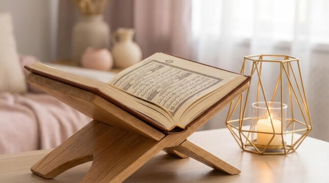 Open Holy Quran on wooden stand with candle.
