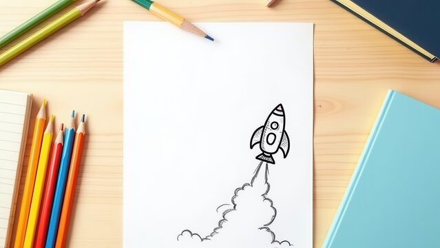 bright flat lay back to school supplies with pencils notebooks textbooks and rocket drawing on natural wood desk for education concept