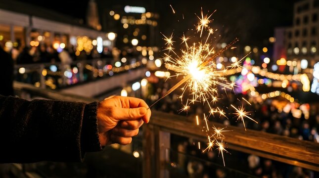 Celebration with Fireworks Sparkler on a Night Street Scene