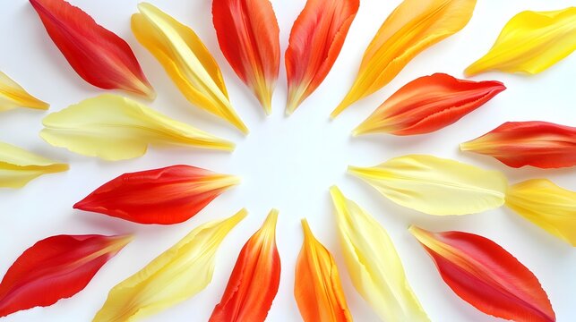 Radiant tulip petals arranged in a vibrant circular pattern on a clean minimalist white background surface