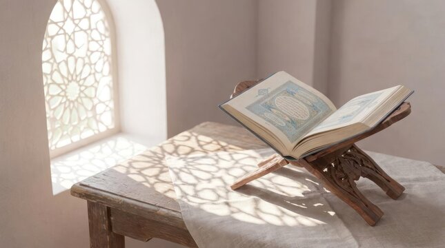 Open Quran book on wooden stand near window