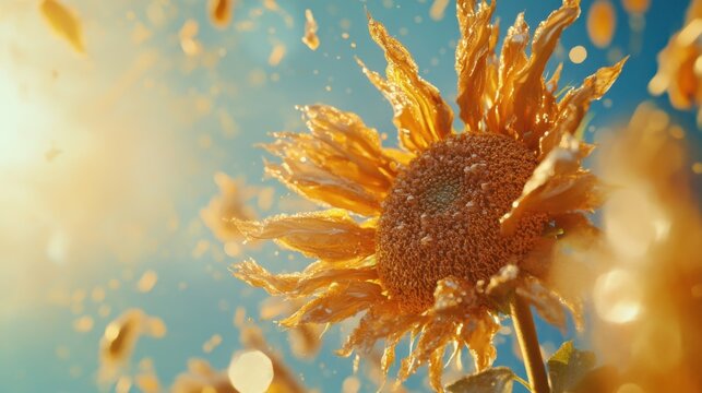 Golden sunflower blooms brightly under the summer sun with floating yellow petals against blue sky backdrop