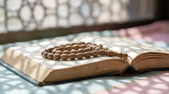 Open Quran book with wooden prayer beads on table.