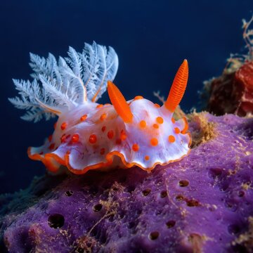 Nudibranch sea slug crawling across a purple sponge underwater macro