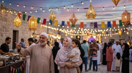 Fototapeta premium People celebrating at night market with festive lanterns.