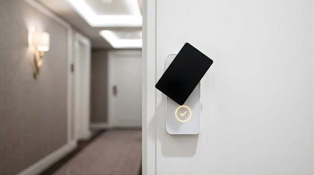 Electronic key card unlocking a hotel room door in a corridor