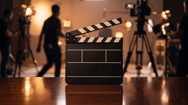 Film clapperboard on wooden table in professional studio with blurred crew, cameras and warm production lights behind the scene for filmmaking concept