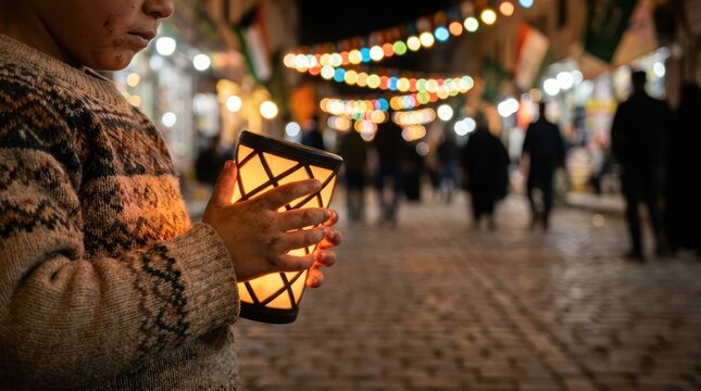 Person holding glowing lantern at night market.