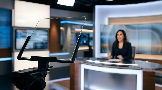 Female news anchor presenting on a modern television broadcast studio set