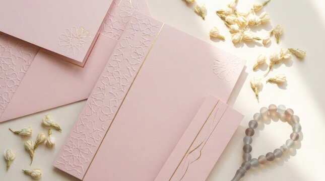 Pink stationery with tasbih beads and dried flowers flatlay.