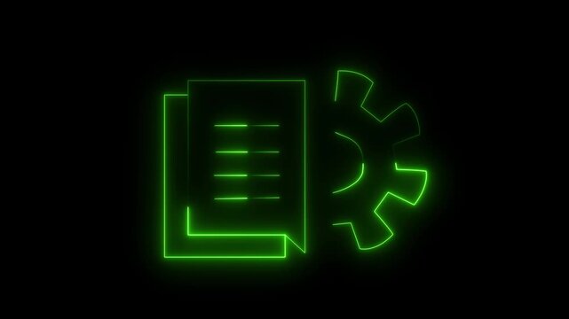 green neon outline of document icon with pencil and gear symbol on black background representing. Software update, transfer protocol, teamwork tool management.