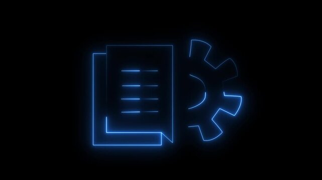Blue neon outline of document icon with pencil and gear symbol on black background representing. Software update, transfer protocol, teamwork tool management.
