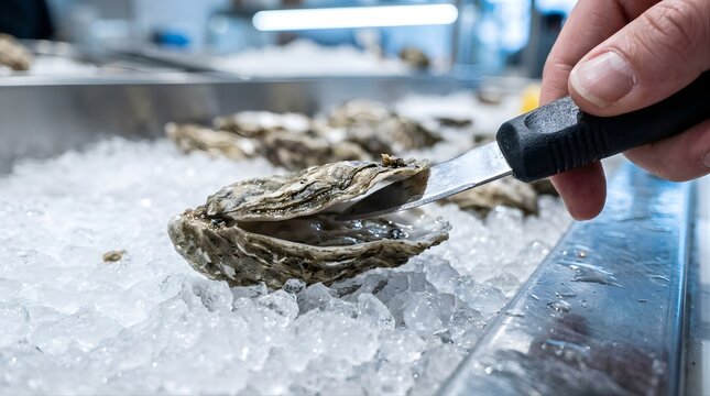 Fresh oyster being opened with a shucking knife on crushed ice