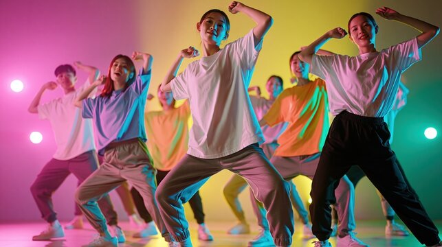 Energetic diverse group of young people dancing together in a studio with vibrant colorful lighting and fog