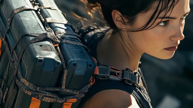 A woman dressed in an action suit, carrying guns on her back, looking ahead with determination.