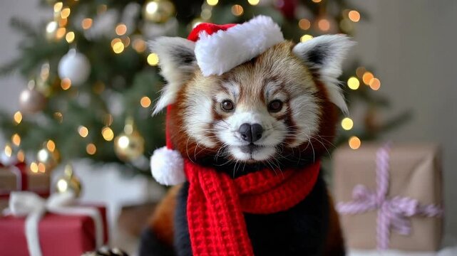 Red panda wears Santa hat and scarf for Christmas celebration at home