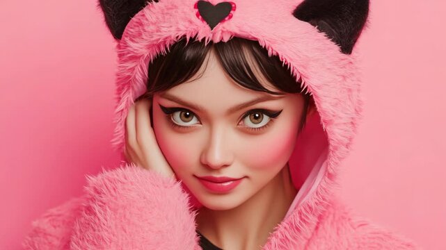 Pink fuzzy hooded costume with black ears and heart detail. Model rests chin on hand, eyes soft, lips slightly parted. Studio lighting highlights plush texture and vibrant pink backdrop