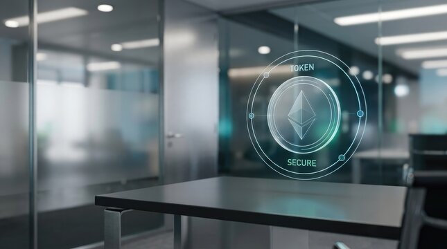 Digital token icon with blockchain security symbol on office screen