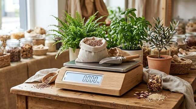 Zero Waste Shop with Digital Bamboo Kitchen Scale and Organic Grains