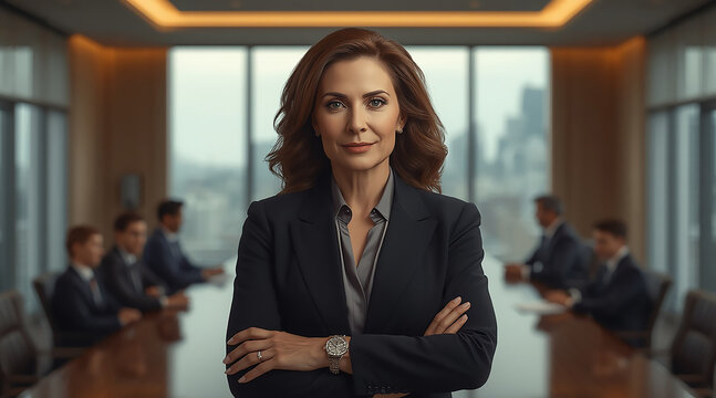A professional woman in a business suit stands at a conference table, preparing to address attendees.
