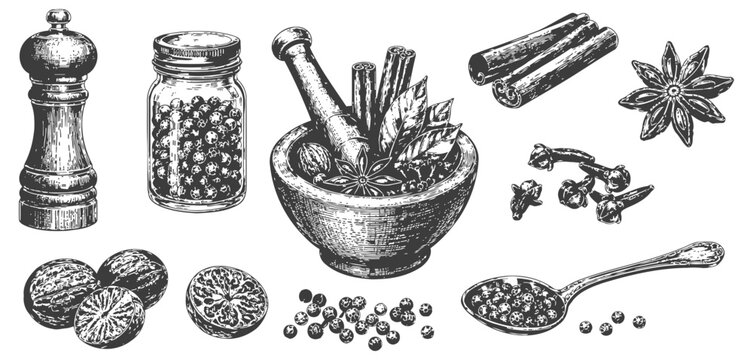Hand drawn spices collection vintage set pepper grinder mortar pestle cinnamon star anise cloves nutmeg seeds vector illustration