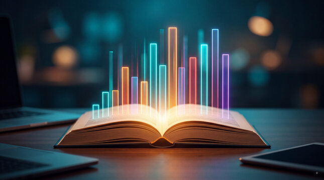 Open book with glowing data bars and holographic analytics, digital learning concept for education technology, research, knowledge and innovation