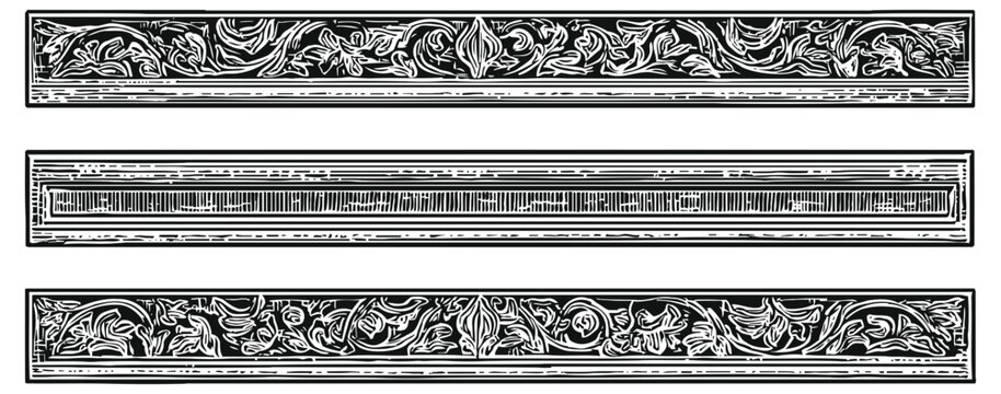 Ornate vintage decorative borders set with floral and geometric line art designs in black and white