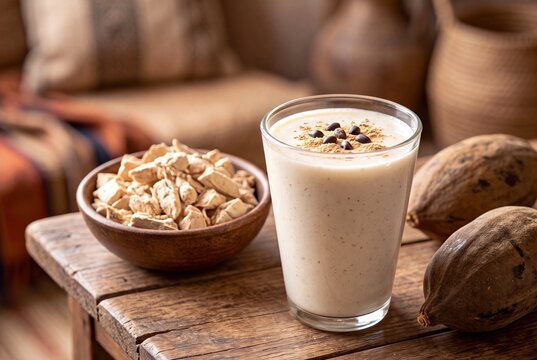 Refreshing glass of Ivorian Pain de Singe sour baobab seed smoothie on a rustic wooden table.