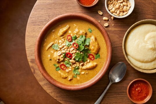 Delicious Ivory Coast peanut butter chicken soup, also known as sauce arachide, served with savory side dishes.