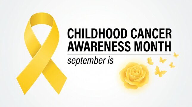 Golden ribbon with text september is childhood cancer awareness month