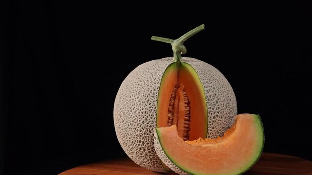 slice of japanese melons, orange melon or cantaloupe melon with seeds isolated a black background