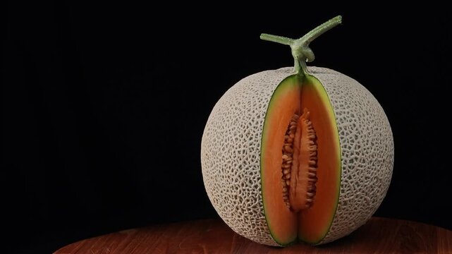 Orange Cantaloupe Melon Sliced Open on Black Background