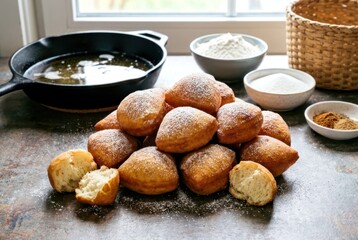 Fototapeta premium Freshly Baked Tanzanian Mandazi Pastries Dusted With Powdered Sugar In A Home Kitchen Setting