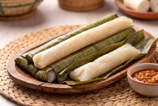 Traditional Cameroon Bobolo fermented cassava cake wrapped in green leaves served with spicy red sauce