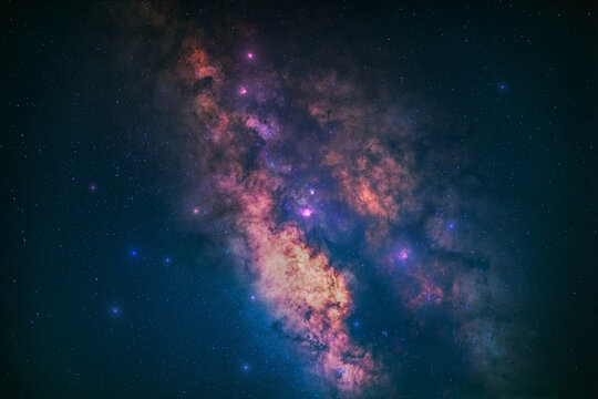 View of the vibrant Milky Way galaxy featuring glowing nebulae, dense star clusters, and cosmic dust clouds set against the deep dark expanse of the night sky in United Arab Emirates.