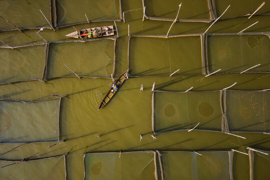 Aerial view of Lake Rawa Pening with traditional fish farming nets and a fisherman in a small wooden boat navigating the calm water in Waduk Rawapening, Central Java, Indonesia.