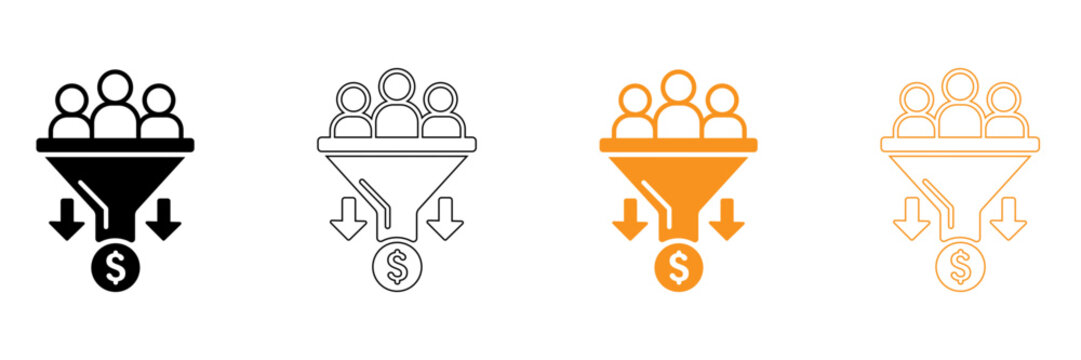 A set of sales funnel conversion people dollar symbol vector icon black outline yellow orange color lead generation marketing business emblem sign logo design element art isolated white