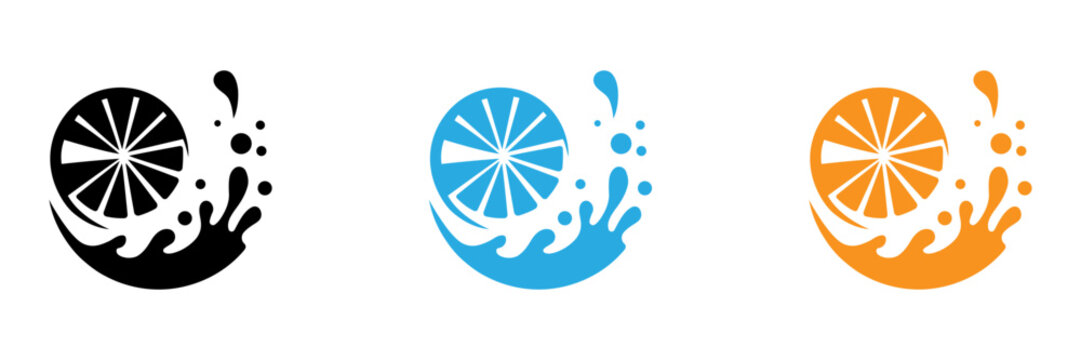 Orange lemon citrus fruit slice water wave juice splash symbol vector icon set of black blue orange color fresh liquid droplet drop emblem sign logo design element art isolated white background
