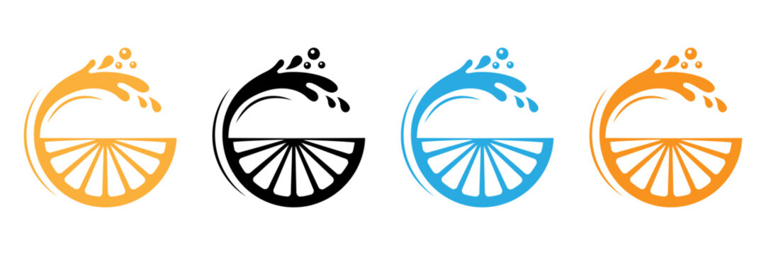 Orange lemon citrus fruit half slice water wave splash letter G symbol vector icon set of black blue yellow orange color fresh juice splash emblem logo design element isolated white background