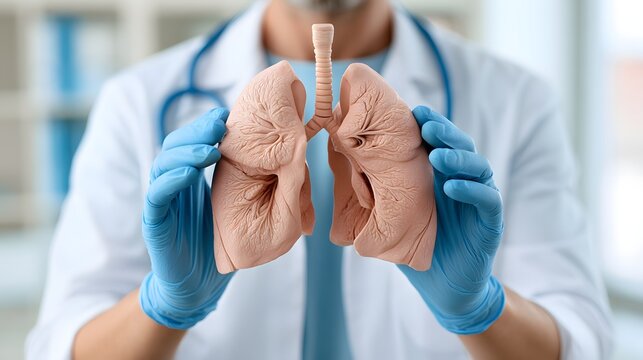 medical healthcare concept showing realistic human lungs held gently by a medical professional wearing blue surgical gloves, clean hospital environment, soft white and blue color palette, respiratory