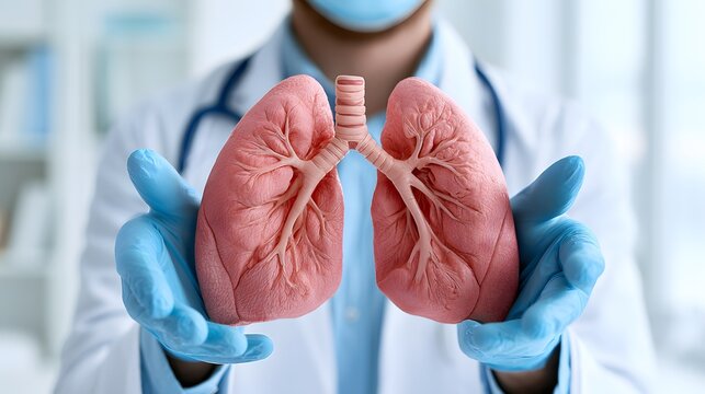medical healthcare concept showing realistic human lungs held gently by a medical professional wearing blue surgical gloves, clean hospital environment, soft white and blue color palette, respiratory