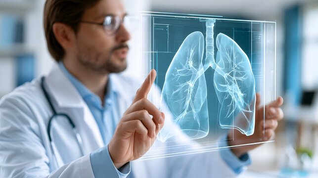lung cancer screening concept, realistic anatomical lungs with subtle medical diagnostic overlays, doctor examining respiratory health on a transparent digital display, modern hospital environment,
