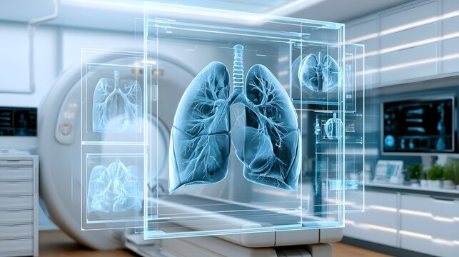 advanced lung imaging concept, realistic anatomical lungs integrated with CT scan visualization, transparent medical imaging layers surrounding the respiratory system, sophisticated hospital