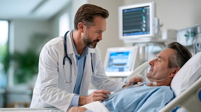 hospital respiratory care concept, medical professional monitoring an adult patient during a lung examination, modern respiratory care equipment, clean hospital room, soft clinical lighting,