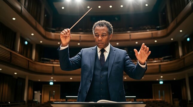 Professional music conductor leading an orchestra in an empty concert hall