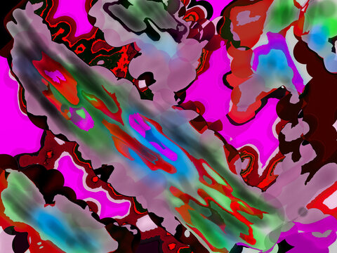Vibrant abstract psychedelic pattern with neon magenta red blue and green liquid cloud shapes retro trippy artistic background
