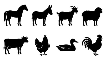 Fototapeta premium Farm Animal Silhouette Collection with Horse, Donkey, Goat, Sheep, Cow, Hen, Duck, and Rooster for Rural Agriculture and Livestock Designs.