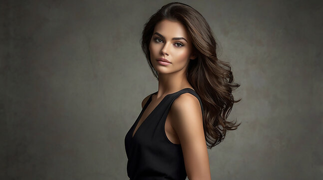 A beautiful woman wearing an elegant black dress, standing confidently with a soft smile.