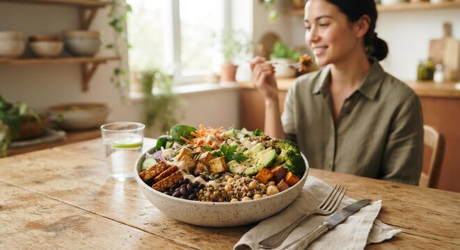 Young Woman Eating Healthy Plant-Based Buddha Bowl in Bright Kitchen, Everyday Wellness and Nutrition Concept