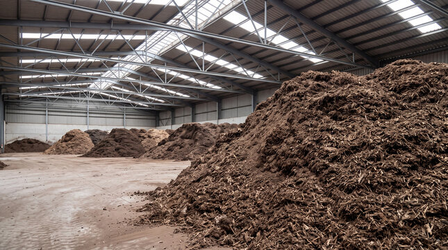 Large piles of shredded organic biomass and compost stored inside an industrial warehouse for recycling, soil amendment production and waste processing